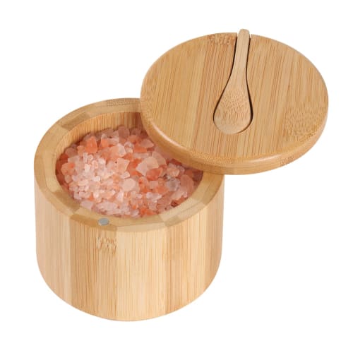 EDENMS Bamboo Salt Box with Spoon, Salt Cellar, Salt Keeper, Spice Storage Box, Seasoning Pot, Sugar Bowl with Swivel Magnetic Lid, Kitchen Spice Cell