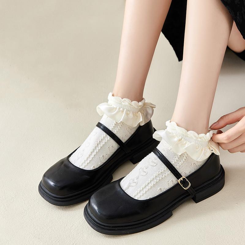 JK Lolita Spitze Rüschen Socken Einfarbig Schwarz Weiß Beige Kurze Socken Frauen Japanischen Stil Süße Mädchen Kawaii Niedliche Knöchelsocken