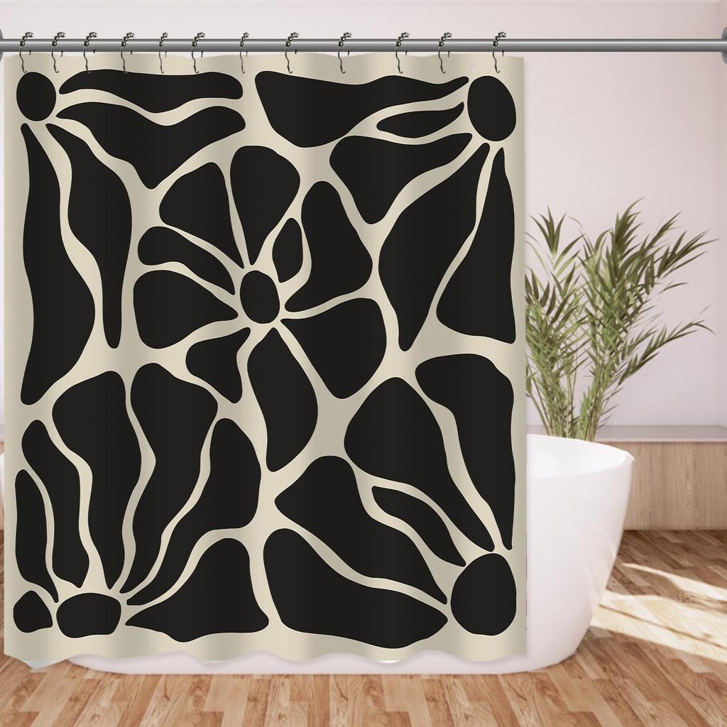 Boho Mountain Floral Shower Curtain, Bright Flowers and Lake Landscape, Waterproof Fabric Bathroom Curtain for Whimsical Decor