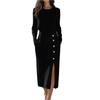 Women's Fashionable Long Sleeved Mature Color Round Neck Cinched Waist Slit Metal Button Zipper Dress