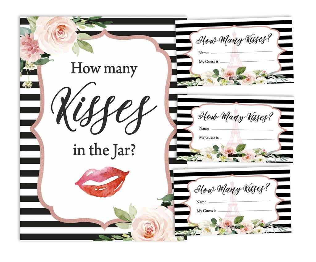 Inkdotpot 1 Sign + 30 Cards How Many Kisses in The Jar White Floral Eiffel Tower Bridal Shower Game