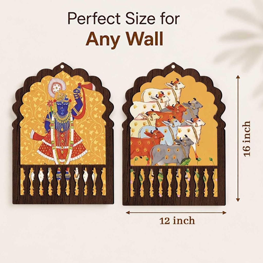 harokha Wall Decor Set of 2 | Traditional Indian Jharokha with Lord Krishna & Sacred Cow Artwork | Rajasthani Ethnic Decorative Wall Hanging