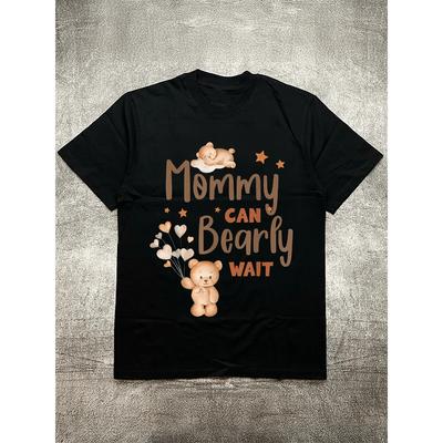 Men's Black 200g Cotton T - Shirt - Adorable Bear Expectation Theme Heat Transfer Print Round Neck Short Sleeve