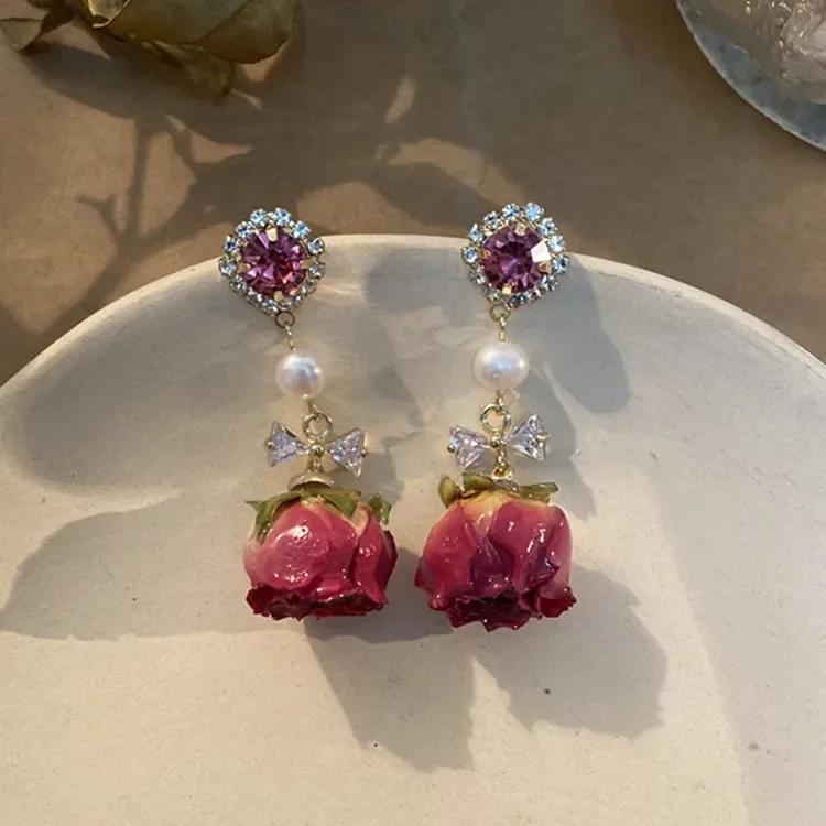 Retro Natural Real Flower Eternal Flower Earrings Niche Design Sense Freshwater Pearl Femaleaint for Women Long Earrings Jewelry