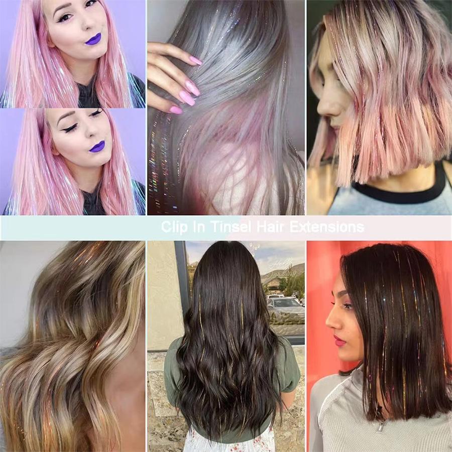 Synthetic Hair Clip One Piece Women Glitter Tinsel Hair Extensions Hair Tinsel Kit Heat Resistant Shiny Sparkle Wig