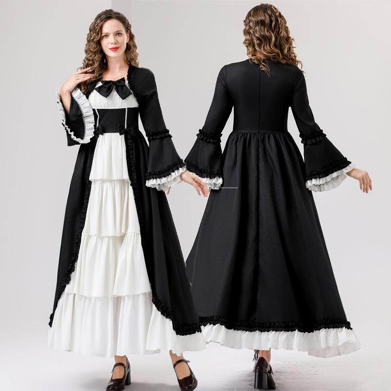 Halloween Medieval Vintage Gothic Court Dress Square Neck Waist Splicing Bow Dress