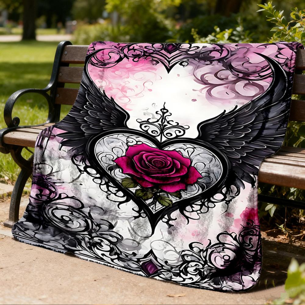 1pc Heart Wings Rose Outdoor Flannel Blanket Soft All Season Polyester Throw , Perfect for Picnics & Travel , Picnic Accessory