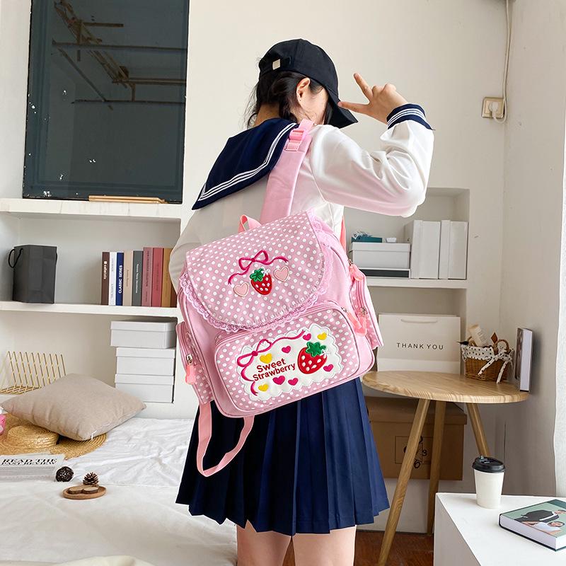 Japanese Soft Girl Cute Strawberry Embroidered Lace Backpack