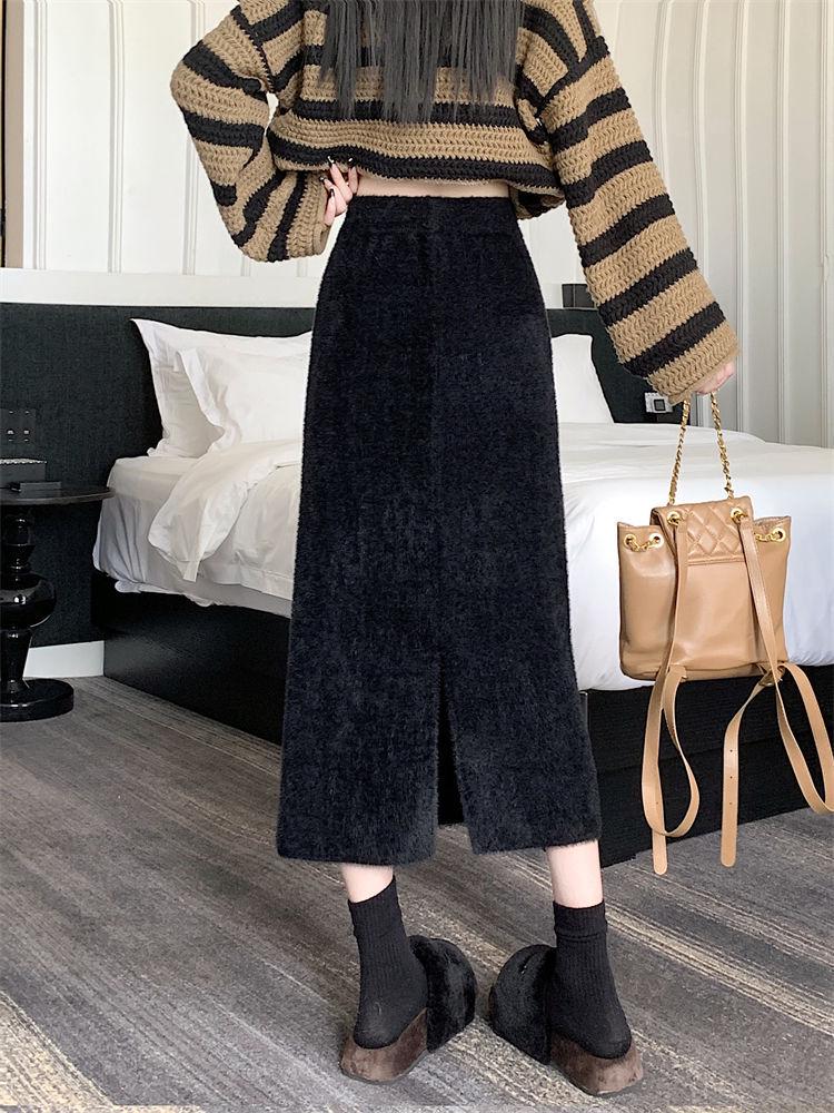 Women's Elastic Waist Imitation Mink Fur Plush A-Line Midi Skirt for Autumn and Winter