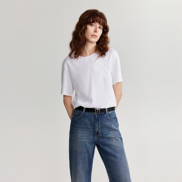 ELLE French Style Basic Elegant Dropped Shoulder Loose Round Neck Short Sleeve T-Shirt Women tops White ET48704