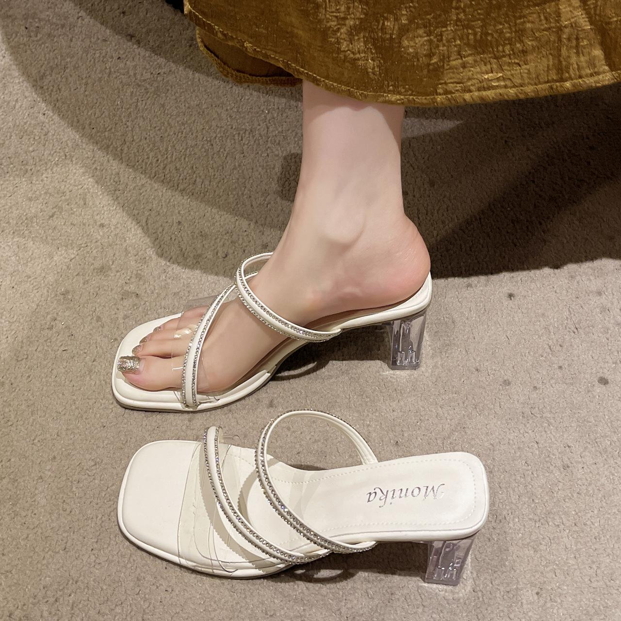 

Crystal high heels women 2025 new transparent French one-word strap sandals fairy style high heel thick heel summer slippers 35