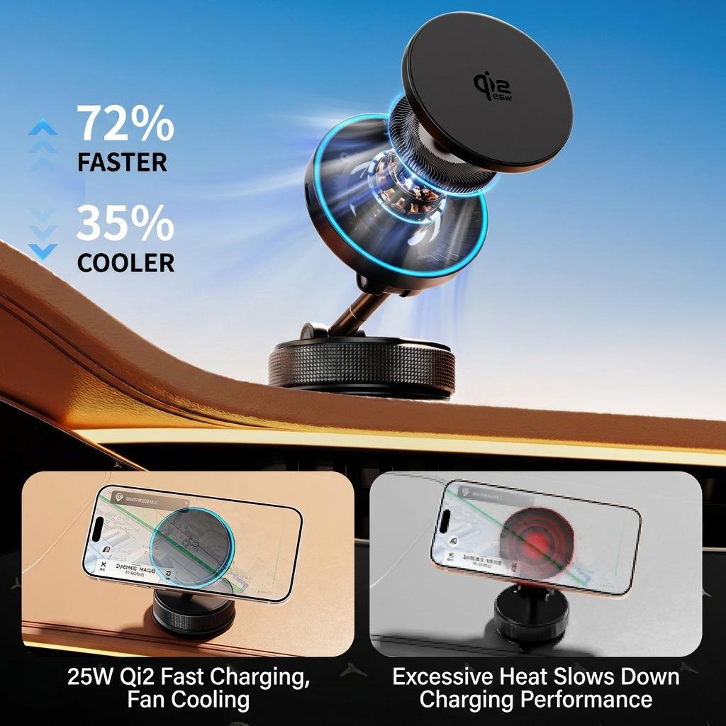 Qi2.2 25W Wireless Charger Cooling Magnetic Car Phone Holder 360° Rotatable Fast Charging for iPhone 17 16 15 Pro Max Stand