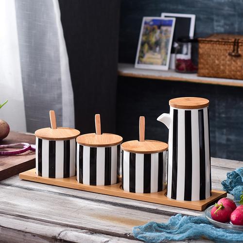 Nordic Black and White Stripes Ceramic Spice Jar Combination Set Salt Sugar Oil Soy Sauce Bottle Vinegar Pot Kitchen Supplies