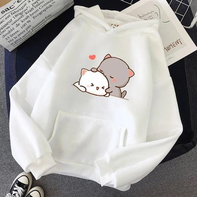Persika Katt Kawaii Tryck Herr/Dam Bomull Huvtröja Ledig Oversized Pullover Populär Streetwear Mode Sweatshirt Par Kläder