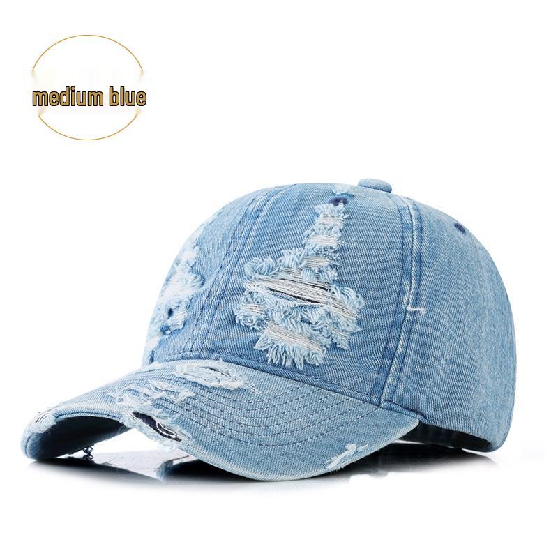Korean Retro Washed Denim Baseball Cap with Holes for Men and Women - Spring/Autumn Style Sunshade Duckbill Hat
