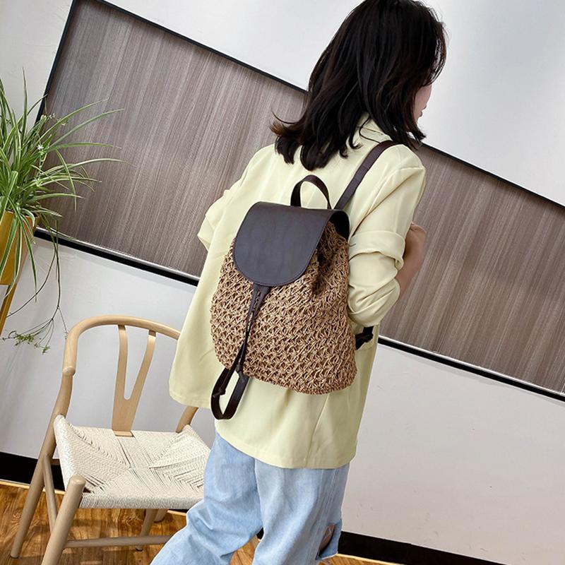 Rucsac de plajă pentru femei cu șnur din paie, capacitate mare