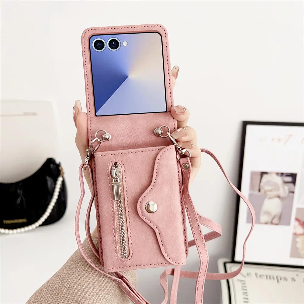 Leather Crossbody Zipper Wallet Phone Case for Samsung Galaxy Z Flip Card Holder Cover for Models 7 6 5 4 3 Flip7 FE Flip6 Flip5
