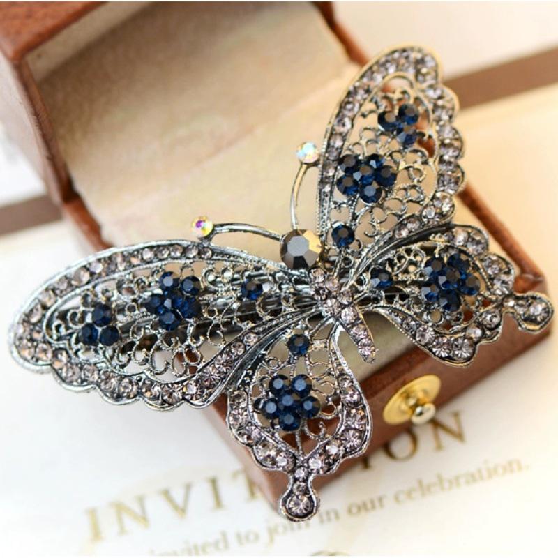 Retro Rhinestone Butterfly Spring Clip - High-End Korean Alloy Hair Accessory
