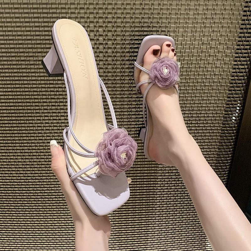 Large size cheongsam high heels summer new retro temperament purple rose slippers women s outer wear 43 фиолетовый