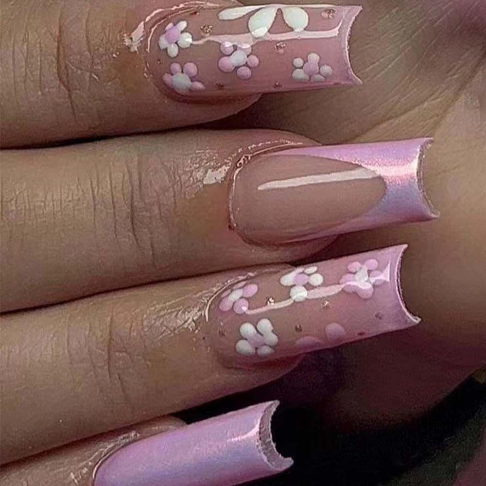 

Aurora Pink White Flowers Fake Nials French Press on Nails Fashion Nail Tips DIY