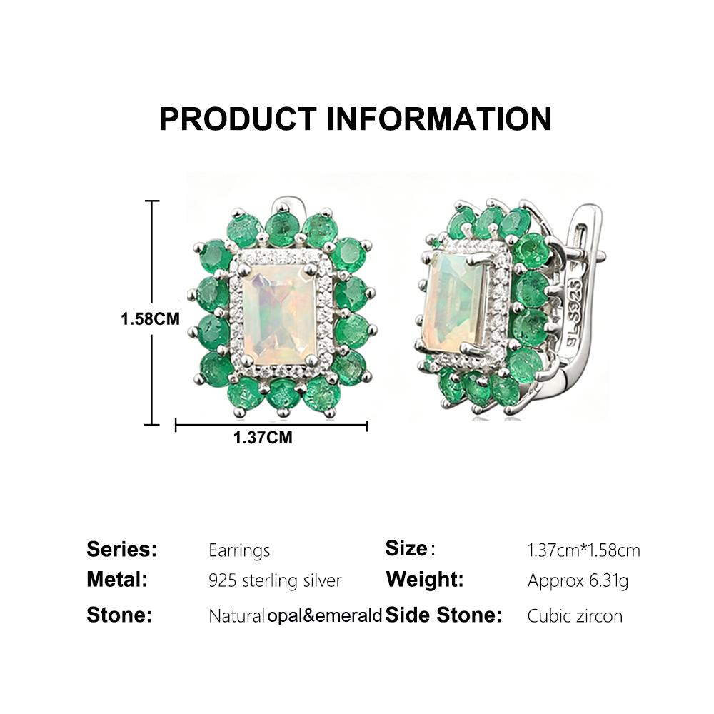 Women's Classic High-End Silver Earrings with Natural Ethiopia Opal & zambia Emerald Gemstones Fine Jewelry