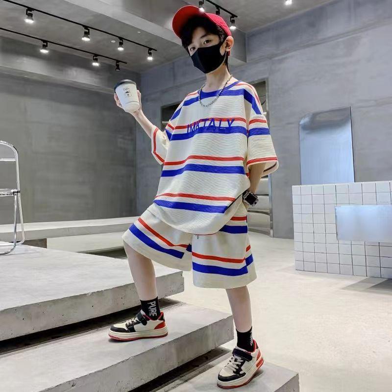 

2025 Boys Trendy Summer Blue & White Striped Shorts Set 160 - For Height 1.45-1.55m