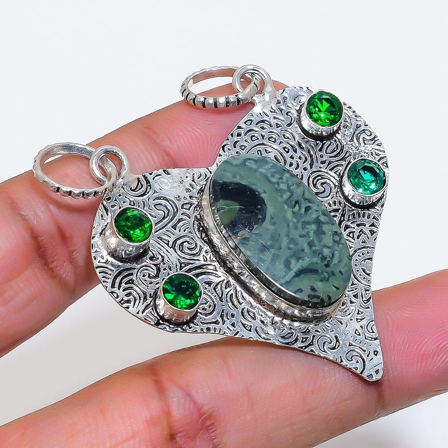 Natural Kambaba Jasper, Diopside 925 Sterling Silver Jewelry Pendant 2.17" ZS-1287