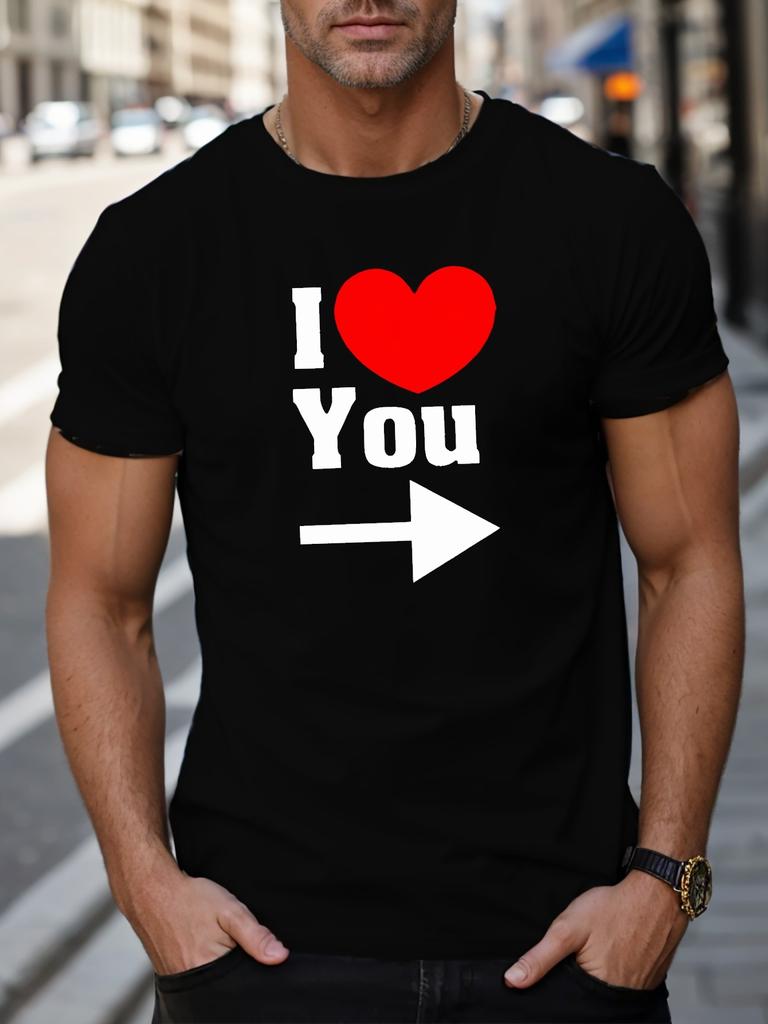 Men's Stylish I Love You Pattern T-Shirt, Casual Breathable Crew Neck Short Sleeve Tee Top For City Walk Street Hanging Outdoor Activities