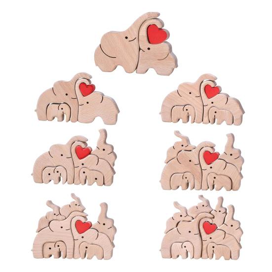 Wooden Elephant Family Puzzle Ornament Love Heart Mother Father Baby
