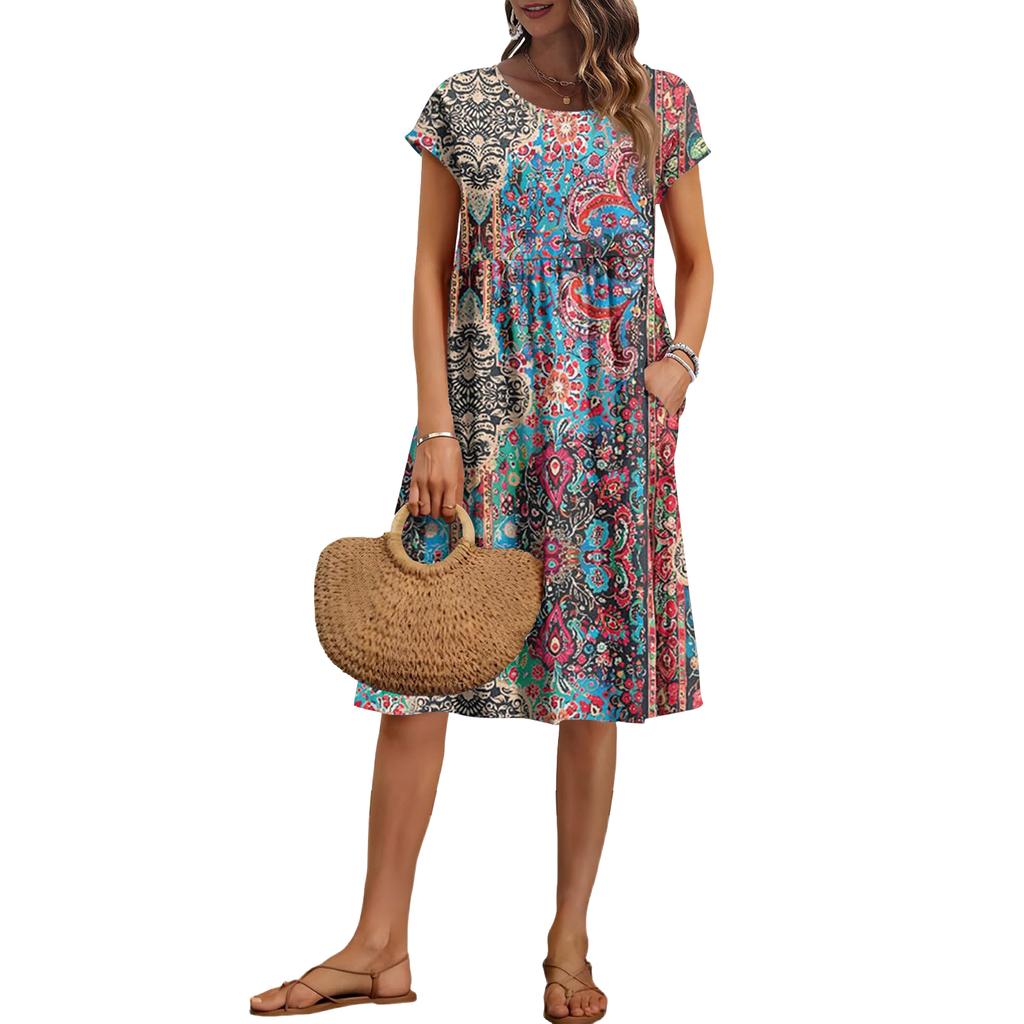 Women's Summer Fashion Casual Round Neck Short Sleeve Vintage Print Dress