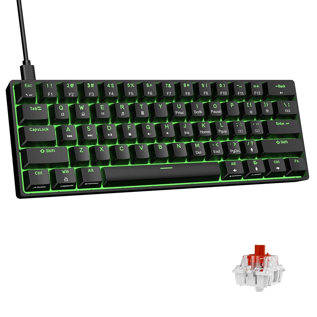 DIERYA Tastatură pentru jocuri Red Axis Mini Tastatură mecanică mică Aspect 61 de taste Aspect engleză Tastatură cu fir Cablu de alimentare USB C detașabil pentru Windows