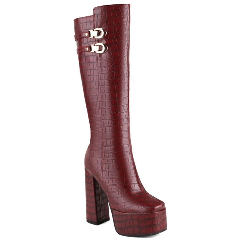 Black Knee High Boots For Women Platform Winter Shoes Green Heels Sexy Long Shoes Zipper Party Boots Lady Large Size