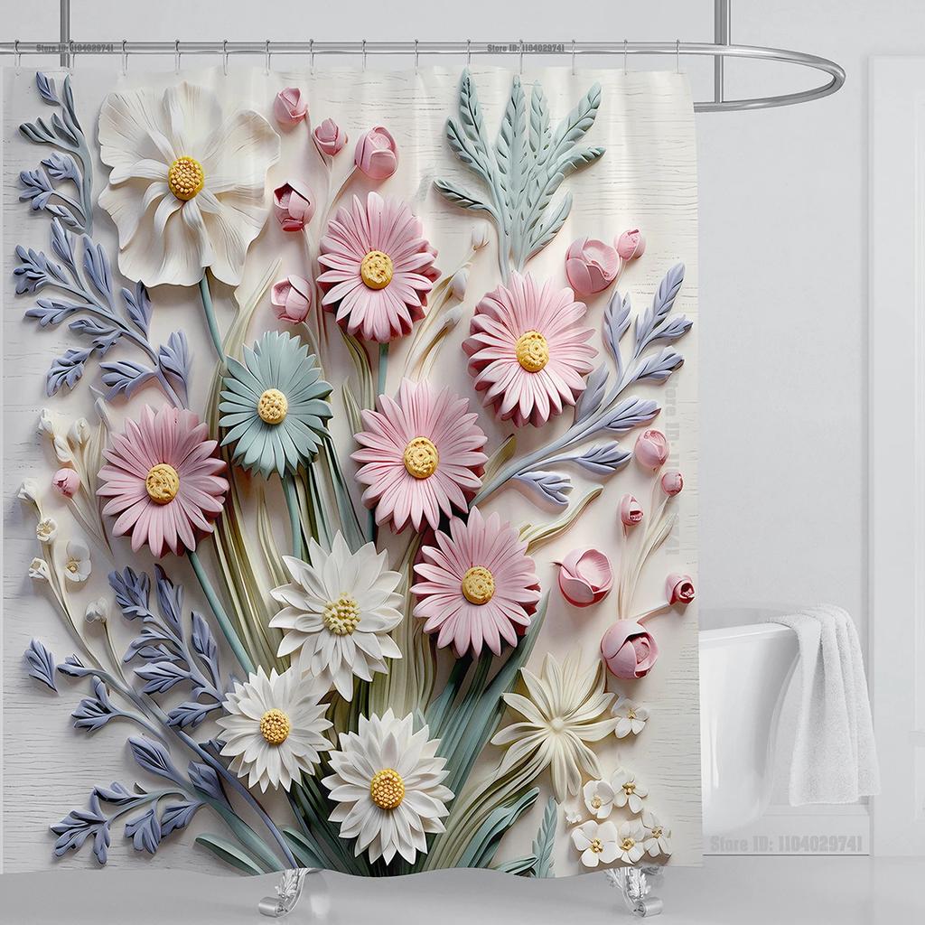 3D Floral Shower Curtain Set Orange Flower Design Fabric Bathroom Decor Waterproof Washable Shower Curtain Set With Hooks