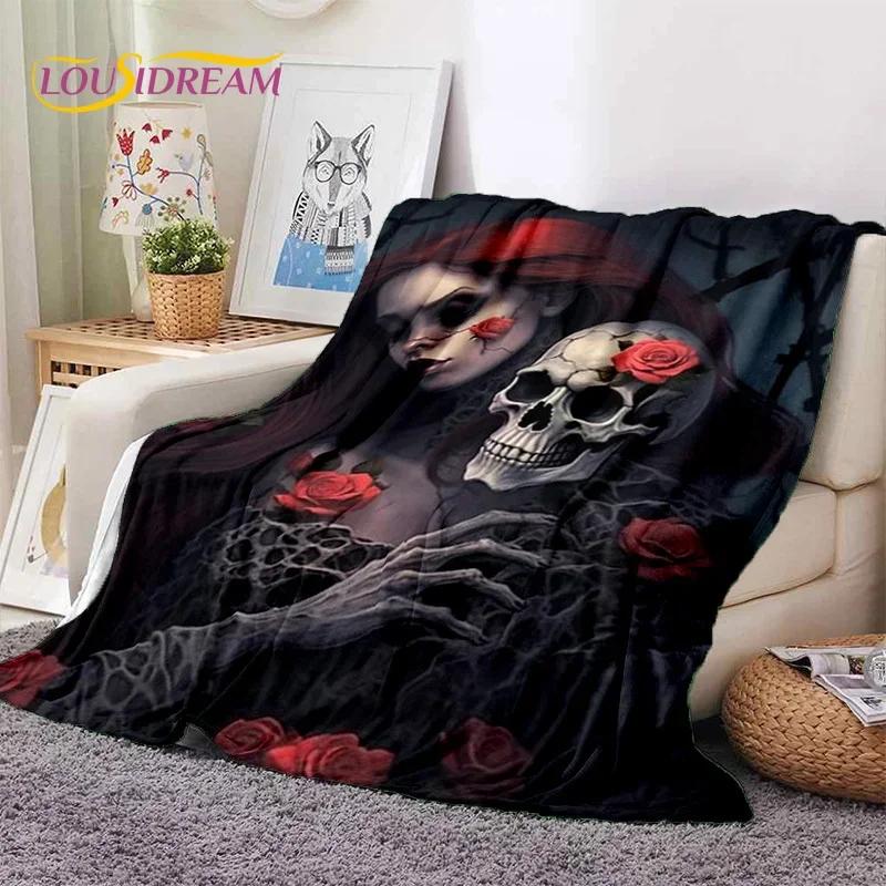 Skull Dead Girl 3D Gothic Horror Female Rose Soft Flannel Blanket for Beds Bedroom Sofa Picnic,Throw Blanket for Cover Leisure
