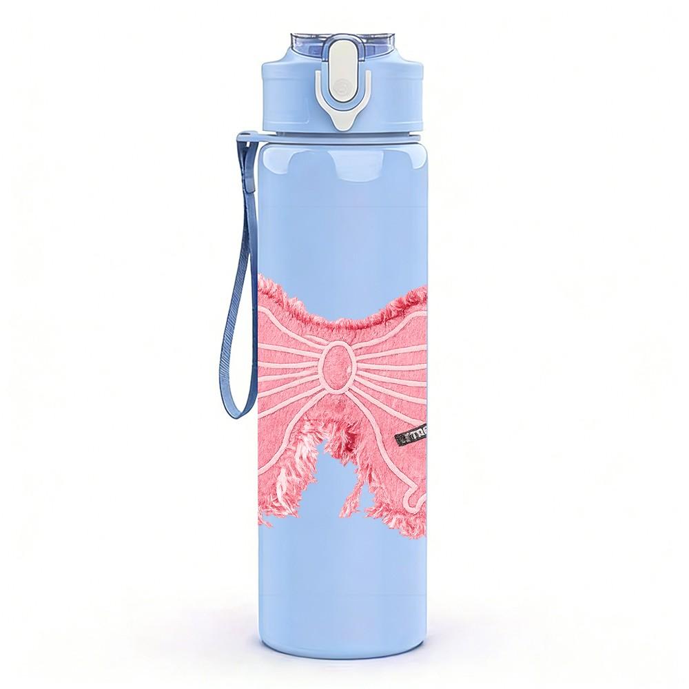 1PC Soft Pink Fabric Bow Ribbon Print 750ml Color Plastic Sports Water Bottle Leakproof Flip Straw Lid Suitable for Sports Office Home Use