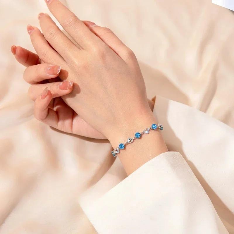 925 Silver Heart Shaped Necklace Bracelet Set for Women Vintage Korean Blue Crystal Bracelets Jewelry Set Party Jewelry