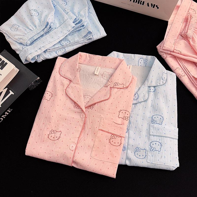 Polka Dot KT Cloud Cotton Pajamas Women's Three-piece Summer Short-sleeved Shorts Trousers Cardigan Student Large-size Loungewear