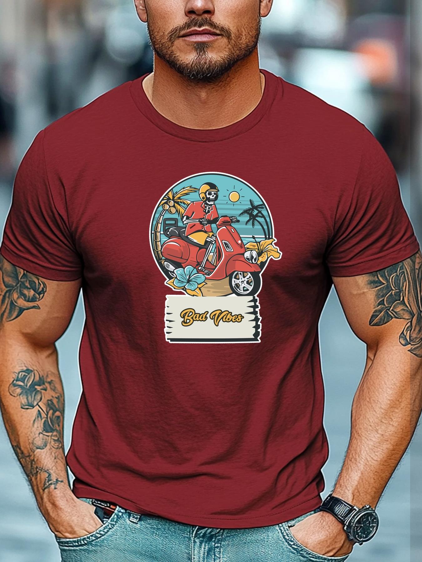 Mens Biking TShirt Bad Vibes Skeleton Scooter Print Short Sleeve Round Neck Breathable Oversized Edgy Daily Wear S