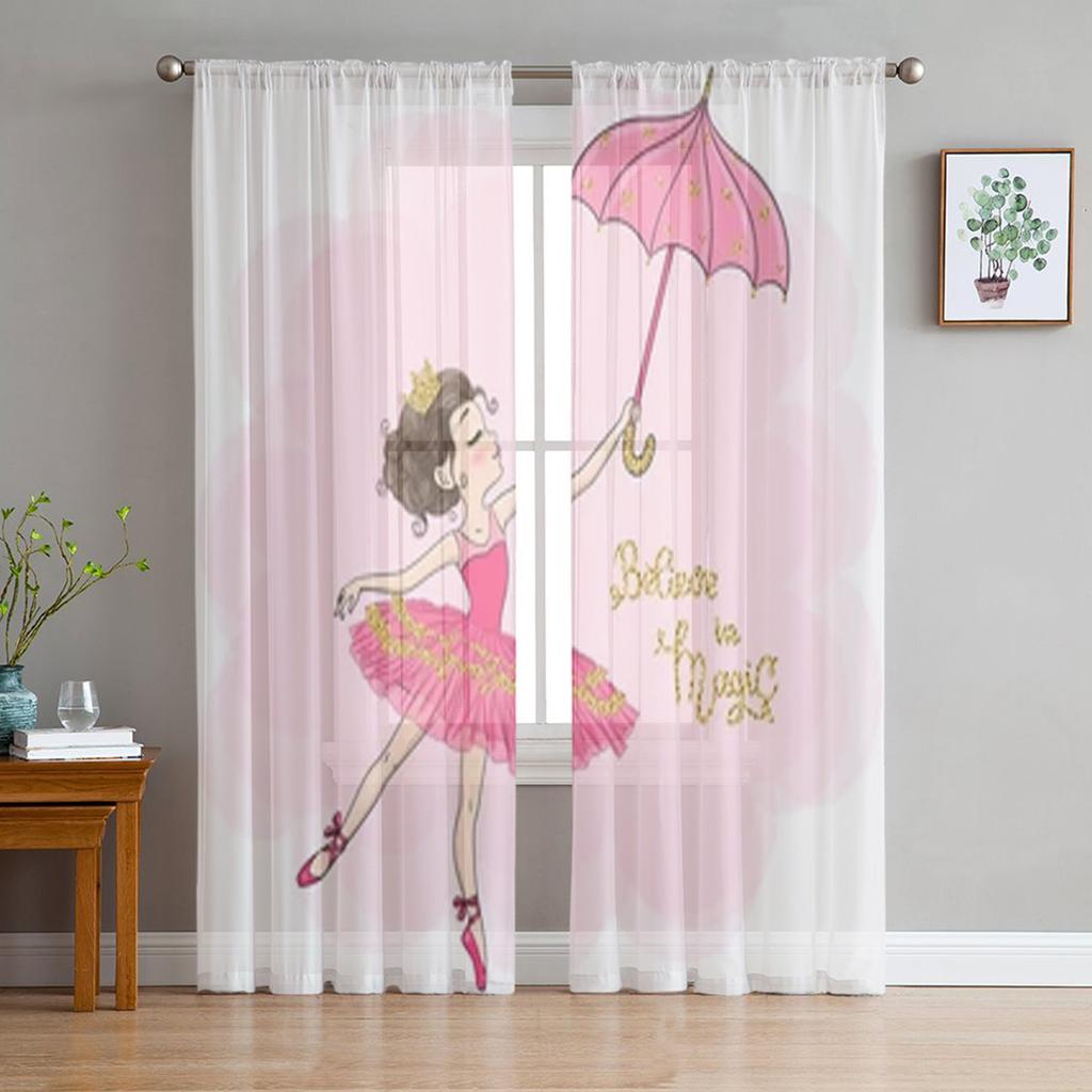 Ballet Dancer Girl Pink Flower Sheer Drapes Window Curtains for Living Room Bedroom Home Decor Cherry Blossoms Chiffon Curtain