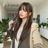 Women's Long Layered Curly Wig with Straight Bangs, Brown Highlights, Full Head Cover, Machine-Made with Chemical Fiber Rose Net, 2026 Hot Style.