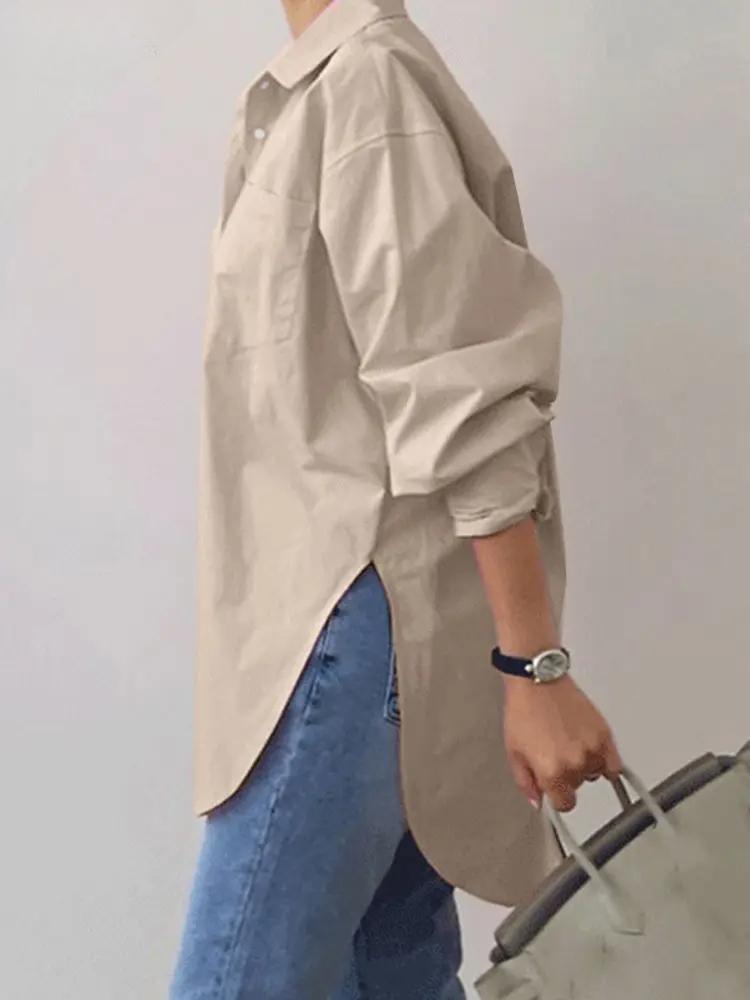 2025 Spring Elegant Blouse Stylish Women Lapel Neck Long Sleeve Shirt Loose Solid Split Hem Tops Oversize OL Work Blusas