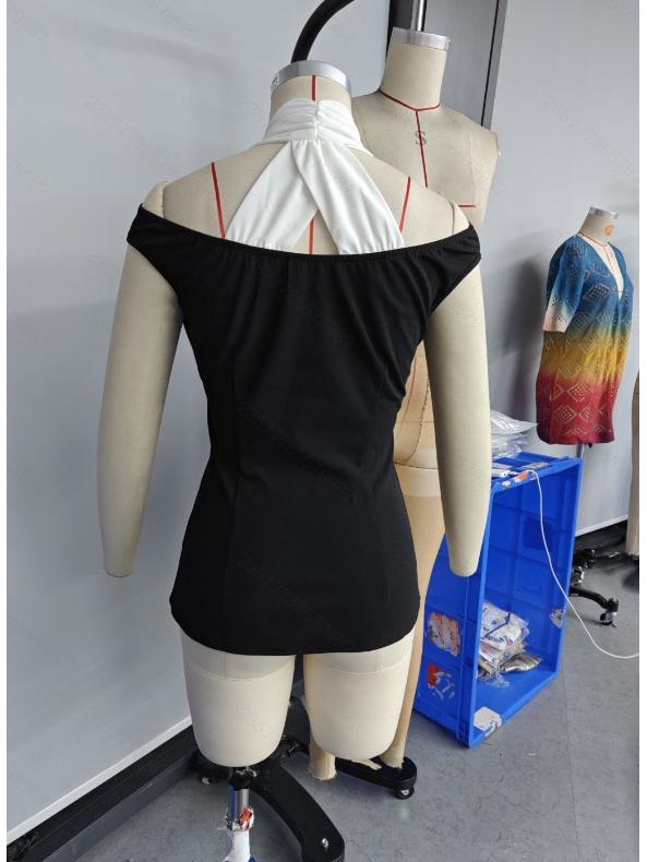 Elegant Women's Off-the-Shoulder Black and White Shirt - European & American Style, Slim Fit, Casual Office Wear