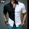 Camisa Asimétrica de Bloques de Color para Hombre - Rayas Diagonales Blanco y Negro, Manga Corta, Botones, Bolsillo en el Pecho, Estilo Casual Moderno