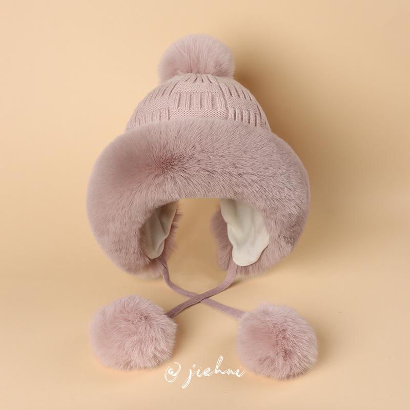 24 New Winter Thickened Cold-proof Warm Hat Women's Cute Hairball Knitted Wool Ear Protection Hat Northeast Lei Feng Hat