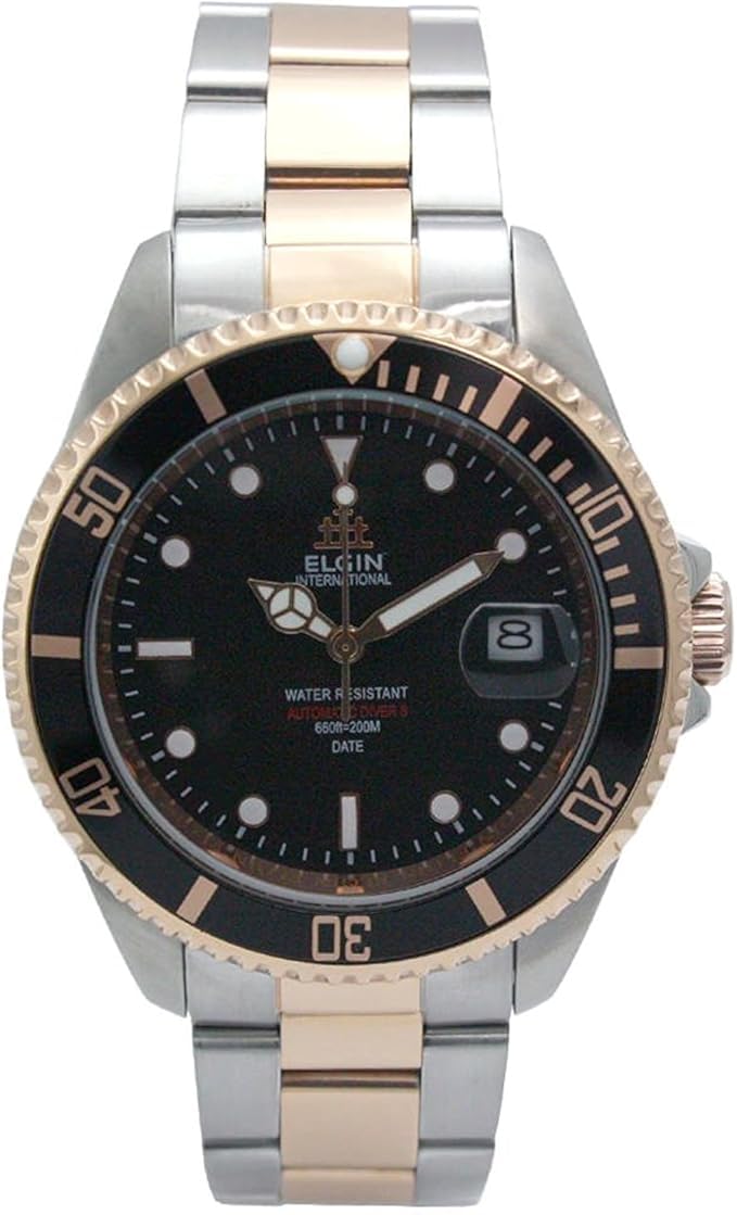 Часы ELGIN, Водонепроницаемость 200 м, Автоматический механизм японского производства, Вращающийся безель, Нержавеющая сталь | FK1405PS-B Мужские Двухцветные