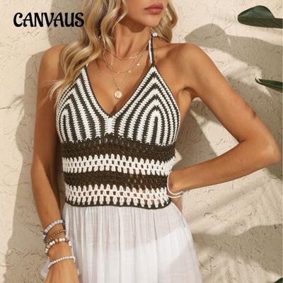 Damen Gestreift Farbkontrast Träger Hand Häkel Patchwork Sexy Strand Bikini Kittelkleid