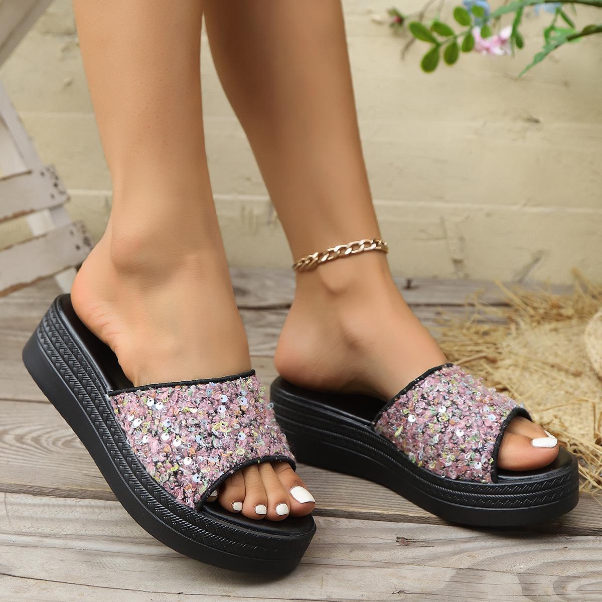 

2025 лето новая мода с блестками рыбий носок закрытая пятка платформа шлепанцы повседневные большой размер римские шлепанцы с рыбьим носком 43 розовый