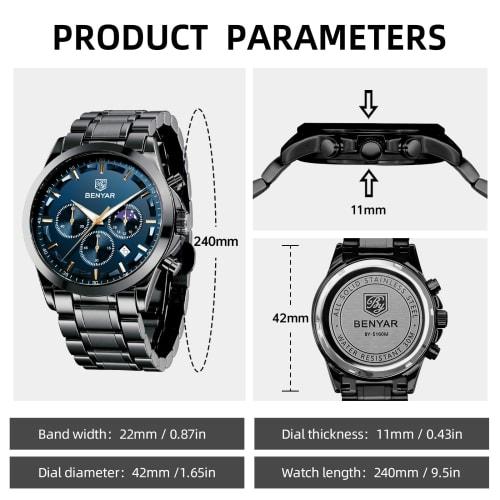 Watches Men's BENYAR Multi Calendar, Chronograph, Business Formal Men's Leather Strap, Analog Watch, Waterproof and Scratch Resistant Silver Blue