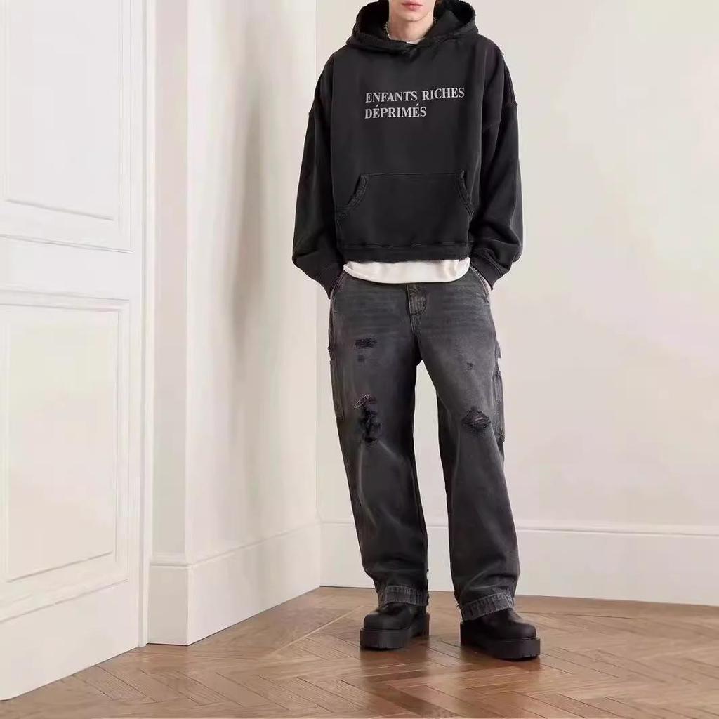 ERD Melancholy Blue Gradient Loose Washed Distressed American Style Hoodie