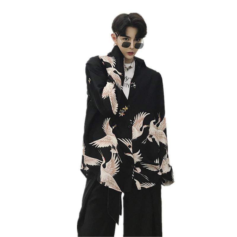 

Рубашка в стиле ретро, ​​мужская летняя одежда, топы, корейские студенты, свободные забавные топы с длинными рукавами и принтом, модная верхняя одежда S чёрный